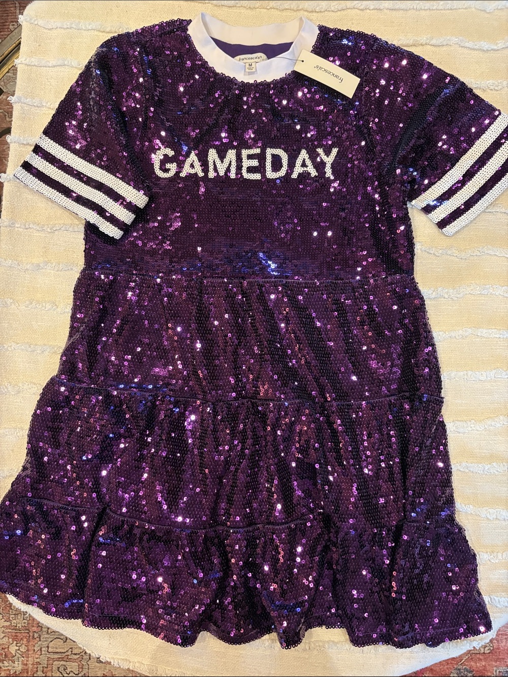 Francesca's Collections Purple Sequin 'GAMEDAY' Tiered Short Sleeve Dress